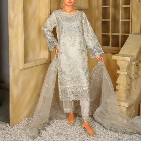 3 Piece Fancy Embroidery Dress - Stylish Light Weight Chiffon Organza Fabric Suit Indian Pakistani Fancy Embroidered Dress For Events Party Outdoor Dress - Offwhite - Shop N Save