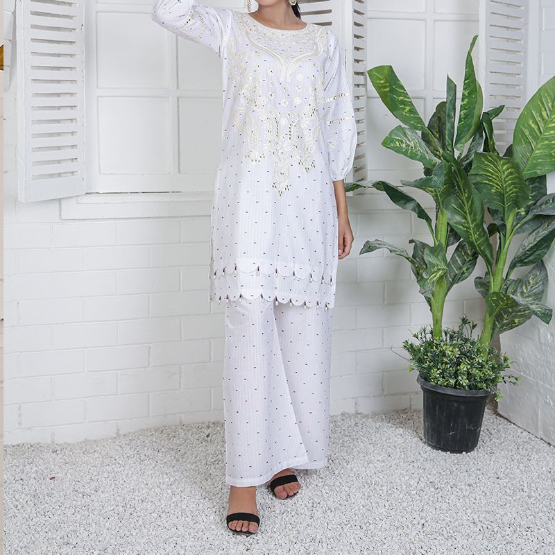 2 Piece Kurti Salwar Embroidery Set - Pure Cotton Collection Stylish Solid Color Light Weight Cotton Fabric Suit Top Bottom Salwar Kameez Indian Pakistani Embroidered Suit For Event Party Outdoor Dress - White - Shop N Save