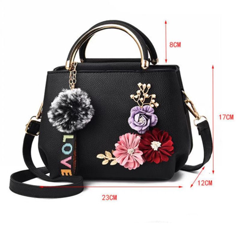 Elegant Floral Handbag: Black PU, Double Handle, Zipper Closure Chic - Shop N Save
