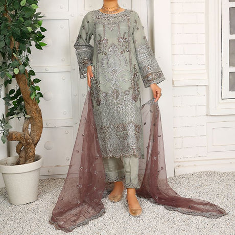 3 Piece Fancy Embroidery Dress - Stylish Light Weight Chiffon Organza Fabric Suit Indian Pakistani Fancy Embroidered Dress For Events Party Outdoor Dress - Gray - Shop N Save