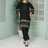 2 Piece Kurti Salwar Embroidery Set - Pure Cotton Collection Stylish Solid Color Light Weight Cotton Fabric Suit Top Bottom Salwar Kameez Indian Pakistani Embroidered Suit For Event Party Outdoor Dress - Black - Shop N Save