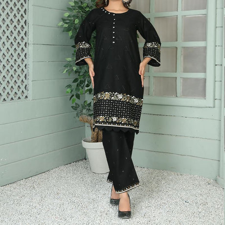 2 Piece Kurti Salwar Embroidery Set - Pure Cotton Collection Stylish Solid Color Light Weight Cotton Fabric Suit Top Bottom Salwar Kameez Indian Pakistani Embroidered Suit For Event Party Outdoor Dress - Black - Shop N Save