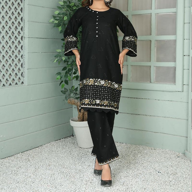 2 Piece Kurti Salwar Embroidery Set - Pure Cotton Collection Stylish Solid Color Light Weight Cotton Fabric Suit Top Bottom Salwar Kameez Indian Pakistani Embroidered Suit For Event Party Outdoor Dress - Black - Shop N Save