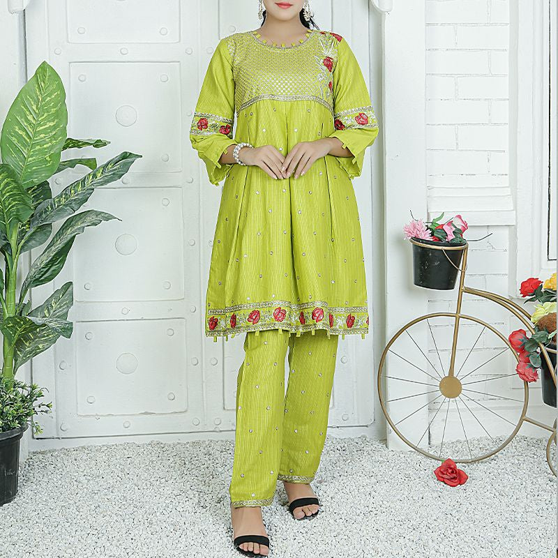 2 Piece Kurti Salwar Embroidery Set - Pure Cotton Collection Stylish Solid Color Light Weight Cotton Fabric Suit Top Bottom Salwar Kameez Indian Pakistani Embroidered Suit For Event Party Outdoor Dress - Green - Shop N Save