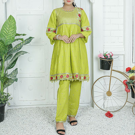 2 Piece Kurti Salwar Embroidery Set - Pure Cotton Collection Stylish Solid Color Light Weight Cotton Fabric Suit Top Bottom Salwar Kameez Indian Pakistani Embroidered Suit For Event Party Outdoor Dress - Green - Shop N Save