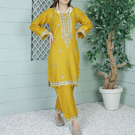 2 Piece Kurti Salwar Embroidery Set - Pure Cotton Collection Stylish Solid Color Light Weight Cotton Fabric Suit Top Bottom Salwar Kameez Indian Pakistani Embroidered Suit For Event Party Outdoor Dress - Yellow - Shop N Save