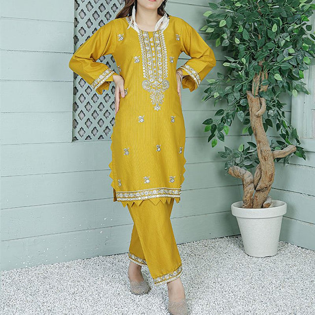 2 Piece Kurti Salwar Embroidery Set - Pure Cotton Collection Stylish Solid Color Light Weight Cotton Fabric Suit Top Bottom Salwar Kameez Indian Pakistani Embroidered Suit For Event Party Outdoor Dress - Yellow - Shop N Save