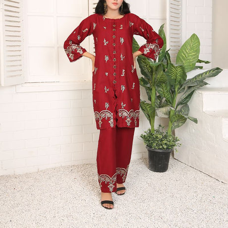 2 Piece Kurti Salwar Embroidery Set - Pure Cotton Collection Stylish Solid Color Light Weight Cotton Fabric Suit Top Bottom Salwar Kameez Indian Pakistani Embroidered Suit For Event Party Outdoor Dress - Maroon - Shop N Save
