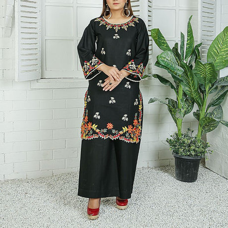 2 Piece Kurti Salwar Embroidery Set - Pure Cotton Collection Stylish Solid Color Light Weight Cotton Fabric Suit Top Bottom Salwar Kameez Indian Pakistani Embroidered Suit For Event Party Outdoor Dress - Black - Shop N Save