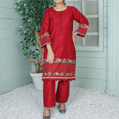 2 Piece Kurti Salwar Embroidery Set - Pure Cotton Collection Stylish Solid Color Light Weight Cotton Fabric Suit Top Bottom Salwar Kameez Indian Pakistani Embroidered Suit For Event Party Outdoor Dress - Maroon - Shop N Save