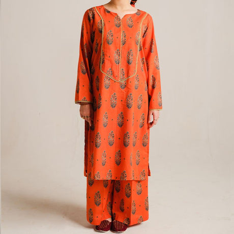 2 Piece Digital Print Kurti Salwar Set - Pure Cotton Collection Stylish Light Weight Cotton Fabric Suit Top Bottom Salwar Kameez Indian Pakistani Printed Suit For Casual Outdoor Dress - Orange - Shop N Save