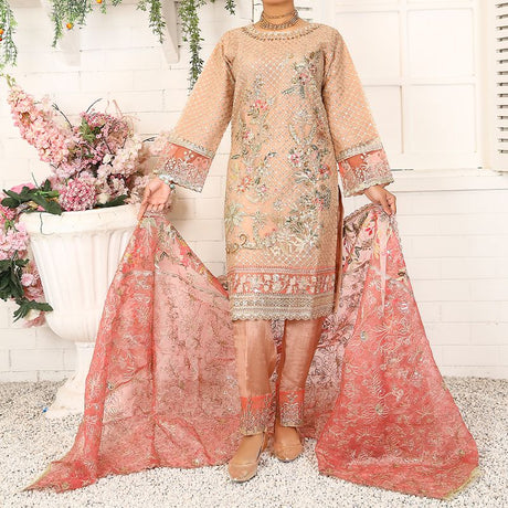 3 Piece Fancy Embroidery Dress - Stylish Light Weight Chiffon Organza Fabric Suit Indian Pakistani Fancy Embroidered Dress For Events Party Outdoor Dress - Light Pink - Shop N Save