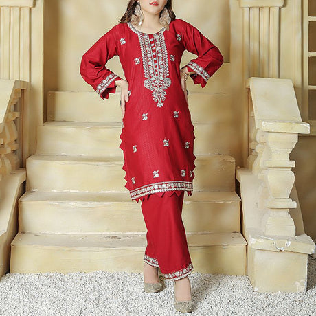 2 Piece Kurti Salwar Embroidery Set - Pure Cotton Collection Stylish Solid Color Light Weight Cotton Fabric Suit Top Bottom Salwar Kameez Indian Pakistani Embroidered Suit For Event Party Outdoor Dress - Maroon - Shop N Save