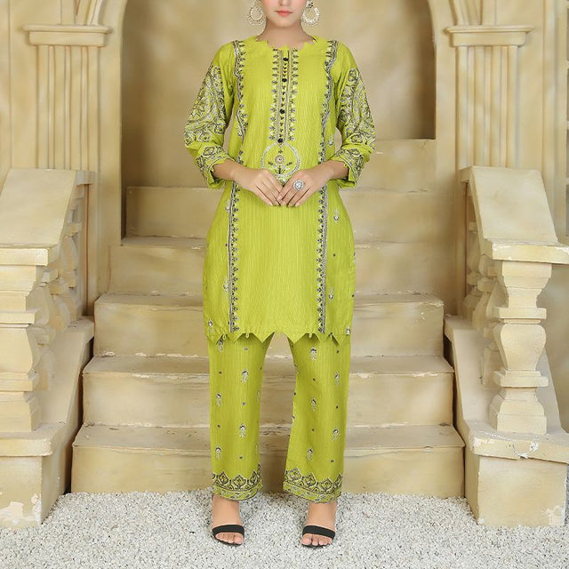 2 Piece Kurti Salwar Embroidery Set - Pure Cotton Collection Stylish Solid Color Light Weight Cotton Fabric Suit Top Bottom Salwar Kameez Indian Pakistani Embroidered Suit For Event Party Outdoor Dress - Green - Shop N Save