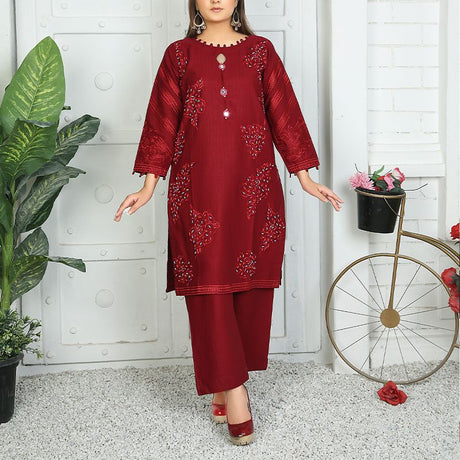 2 Piece Kurti Salwar Embroidery Set - Pure Cotton Collection Stylish Solid Color Light Weight Cotton Fabric Suit Top Bottom Salwar Kameez Indian Pakistani Embroidered Suit For Event Party Outdoor Dress - Maroon - Shop N Save