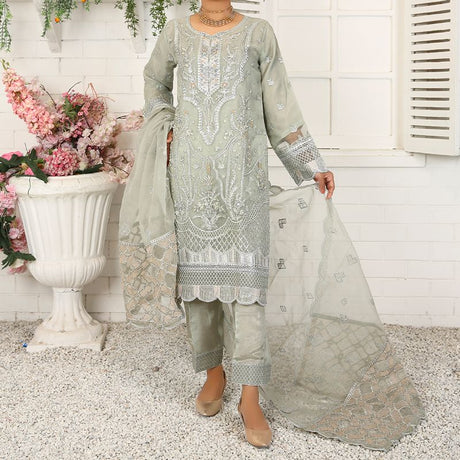 3 Piece Fancy Embroidery Dress - Stylish Light Weight Chiffon Organza Fabric Suit Indian Pakistani Fancy Embroidered Dress For Events Party Outdoor Dress - Light Green - Shop N Save