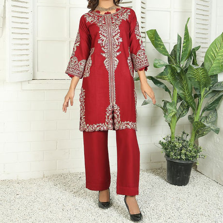 2 Piece Kurti Salwar Embroidery Set - Pure Cotton Collection Stylish Solid Color Light Weight Cotton Fabric Suit Top Bottom Salwar Kameez Indian Pakistani Embroidered Suit For Event Party Outdoor Dress - Maroon - Shop N Save