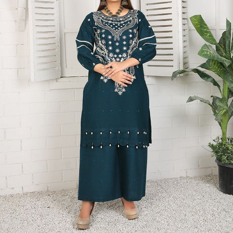 2 Piece Kurti Salwar Embroidery Set - Pure Cotton Collection Stylish Solid Color Light Weight Cotton Fabric Suit Top Bottom Salwar Kameez Indian Pakistani Embroidered Suit For Event Party Outdoor Dress - Dark Blue - Shop N Save