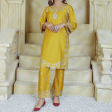 2 Piece Kurti Salwar Embroidery Set - Pure Cotton Collection Stylish Solid Color Light Weight Cotton Fabric Suit Top Bottom Salwar Kameez Indian Pakistani Embroidered Suit For Event Party Outdoor Dress - Yellow - Shop N Save