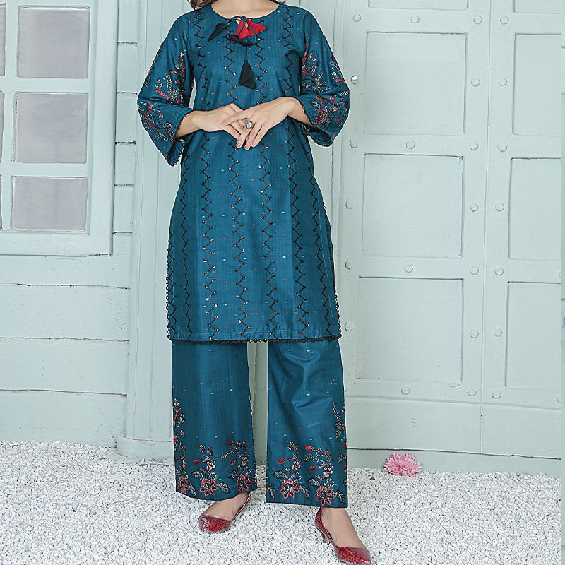 2 Piece Kurti Salwar Embroidery Set - Pure Cotton Collection Stylish Solid Color Light Weight Cotton Fabric Suit Top Bottom Salwar Kameez Indian Pakistani Embroidered Suit For Event Party Outdoor Dress - Dark Blue - Shop N Save