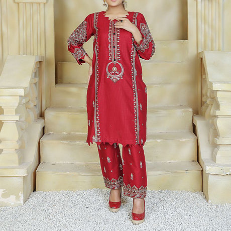 2 Piece Kurti Salwar Embroidery Set - Pure Cotton Collection Stylish Solid Color Light Weight Cotton Fabric Suit Top Bottom Salwar Kameez Indian Pakistani Embroidered Suit For Event Party Outdoor Dress - Maroon - Shop N Save