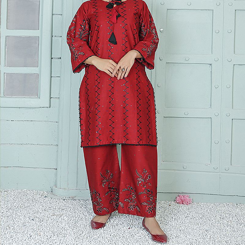 2 Piece Kurti Salwar Embroidery Set - Pure Cotton Collection Stylish Solid Color Light Weight Cotton Fabric Suit Top Bottom Salwar Kameez Indian Pakistani Embroidered Suit For Event Party Outdoor Dress - Maroon - Shop N Save