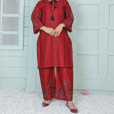 2 Piece Kurti Salwar Embroidery Set - Pure Cotton Collection Stylish Solid Color Light Weight Cotton Fabric Suit Top Bottom Salwar Kameez Indian Pakistani Embroidered Suit For Event Party Outdoor Dress - Maroon - Shop N Save