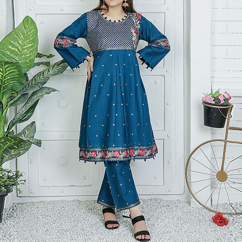 2 Piece Kurti Salwar Embroidery Set - Pure Cotton Collection Stylish Solid Color Light Weight Cotton Fabric Suit Top Bottom Salwar Kameez Indian Pakistani Embroidered Suit For Event Party Outdoor Dress - Dark Blue - Shop N Save