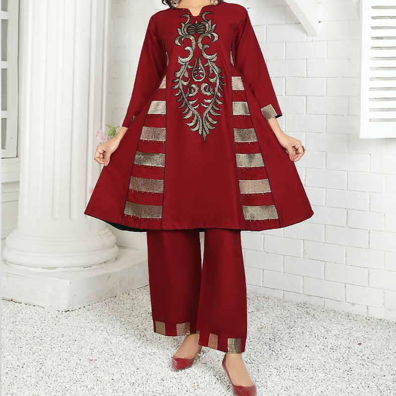 2 Piece Kurti Salwar Embroidery Set - Pure Cotton Collection Stylish Solid Color Light Weight Cotton Fabric Suit Top Bottom Salwar Kameez Indian Pakistani Embroidered Suit For Event Party Outdoor Dress - Maroon - Shop N Save