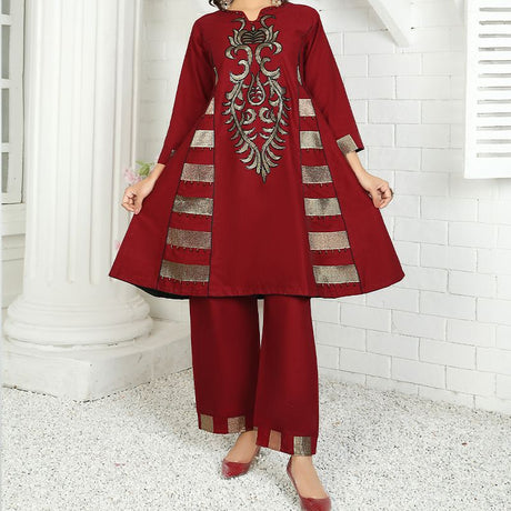 2 Piece Kurti Salwar Embroidery Set - Pure Cotton Collection Stylish Solid Color Light Weight Cotton Fabric Suit Top Bottom Salwar Kameez Indian Pakistani Embroidered Suit For Event Party Outdoor Dress - Maroon - Shop N Save