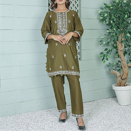 2 Piece Kurti Salwar Embroidery Set - Pure Cotton Collection Stylish Solid Color Light Weight Cotton Fabric Suit Top Bottom Salwar Kameez Indian Pakistani Embroidered Suit For Event Party Outdoor Dress - Dark Green - Shop N Save
