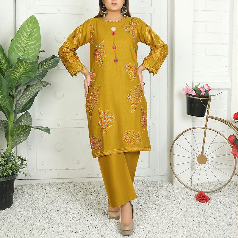 2 Piece Kurti Salwar Embroidery Set - Pure Cotton Collection Stylish Solid Color Light Weight Cotton Fabric Suit Top Bottom Salwar Kameez Indian Pakistani Embroidered Suit For Event Party Outdoor Dress - Golden - Shop N Save