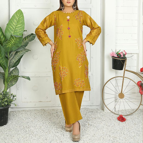 2 Piece Kurti Salwar Embroidery Set - Pure Cotton Collection Stylish Solid Color Light Weight Cotton Fabric Suit Top Bottom Salwar Kameez Indian Pakistani Embroidered Suit For Event Party Outdoor Dress - Golden - Shop N Save