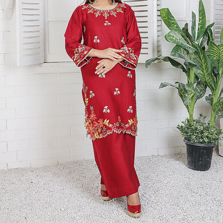 2 Piece Kurti Salwar Embroidery Set - Pure Cotton Collection Stylish Solid Color Light Weight Cotton Fabric Suit Top Bottom Salwar Kameez Indian Pakistani Embroidered Suit For Event Party Outdoor Dress - Maroon - Shop N Save