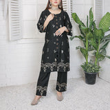 2 Piece Kurti Salwar Embroidery Set - Pure Cotton Collection Stylish Solid Color Light Weight Cotton Fabric Suit Top Bottom Salwar Kameez Indian Pakistani Embroidered Suit For Event Party Outdoor Dress - Black - Shop N Save