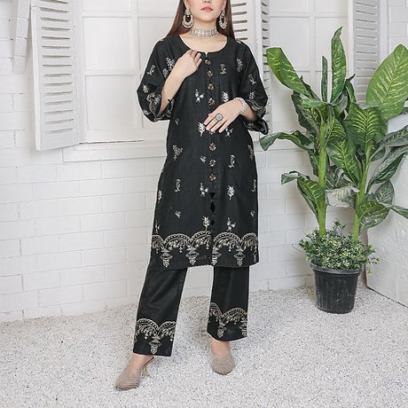 2 Piece Kurti Salwar Embroidery Set - Pure Cotton Collection Stylish Solid Color Light Weight Cotton Fabric Suit Top Bottom Salwar Kameez Indian Pakistani Embroidered Suit For Event Party Outdoor Dress - Black - Shop N Save