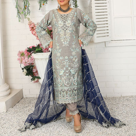 3 Piece Fancy Embroidery Dress - Stylish Light Weight Chiffon Organza Fabric Suit Indian Pakistani Fancy Embroidered Dress For Events Party Outdoor Dress - Gray - Shop N Save