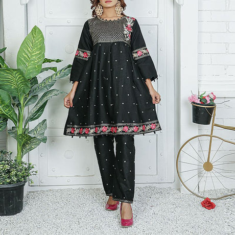 2 Piece Kurti Salwar Embroidery Set - Pure Cotton Collection Stylish Solid Color Light Weight Cotton Fabric Suit Top Bottom Salwar Kameez Indian Pakistani Embroidered Suit For Event Party Outdoor Dress - Black - Shop N Save
