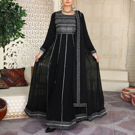 3 Piece Fancy Embroidery Dress - Stylish Light Weight Chiffon Fabric Suit Indian Pakistani Fancy Embroidered Dress For Events Party Outdoor Dress - Black - Shop N Save