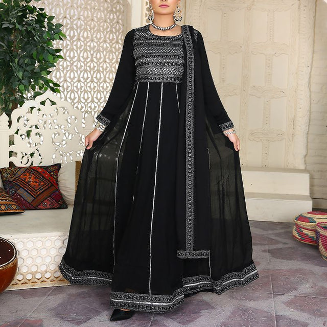 3 Piece Fancy Embroidery Dress - Stylish Light Weight Chiffon Fabric Suit Indian Pakistani Fancy Embroidered Dress For Events Party Outdoor Dress - Black - Shop N Save