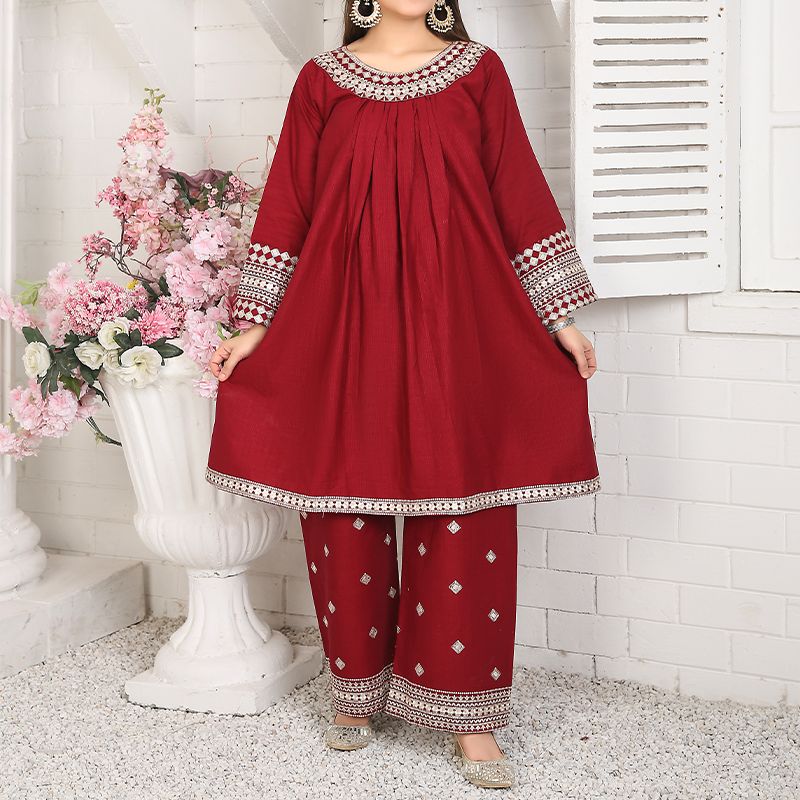 2 Piece Kurti Salwar Embroidery Set - Pure Cotton Collection Stylish Solid Color Light Weight Cotton Fabric Suit Top Bottom Salwar Kameez Indian Pakistani Embroidered Suit For Event Party Outdoor Dress - Maroon - Shop N Save