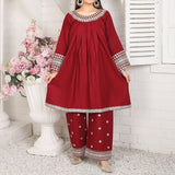 2 Piece Kurti Salwar Embroidery Set - Pure Cotton Collection Stylish Solid Color Light Weight Cotton Fabric Suit Top Bottom Salwar Kameez Indian Pakistani Embroidered Suit For Event Party Outdoor Dress - Maroon - Shop N Save