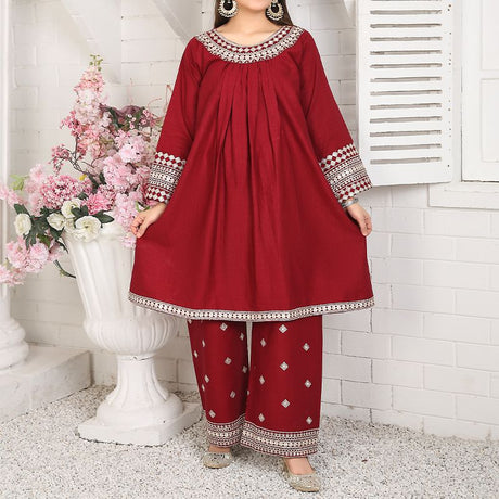 2 Piece Kurti Salwar Embroidery Set - Pure Cotton Collection Stylish Solid Color Light Weight Cotton Fabric Suit Top Bottom Salwar Kameez Indian Pakistani Embroidered Suit For Event Party Outdoor Dress - Maroon - Shop N Save