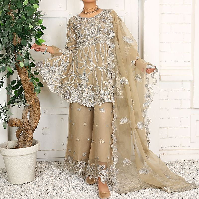3 Piece Fancy Embroidery Dress - Stylish Light Weight Chiffon Organza Fabric Suit Indian Pakistani Fancy Embroidered Dress For Events Party Outdoor Dress - Khaki - Shop N Save