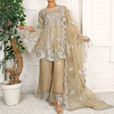 3 Piece Fancy Embroidery Dress - Stylish Light Weight Chiffon Organza Fabric Suit Indian Pakistani Fancy Embroidered Dress For Events Party Outdoor Dress - Khaki - Shop N Save