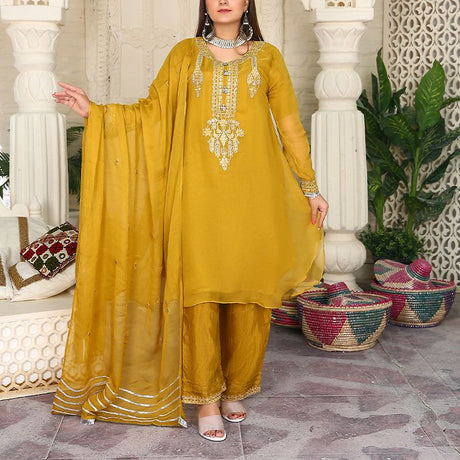 3 Piece Fancy Embroidery Dress - Stylish Light Weight Chiffon Organza Fabric Suit Indian Pakistani Fancy Embroidered Dress For Events Party Outdoor Dress - Golden - Shop N Save