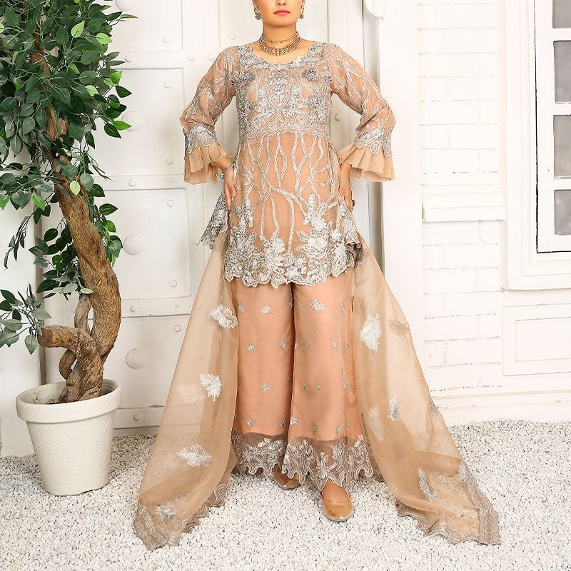 3 Piece Fancy Embroidery Dress - Stylish Light Weight Chiffon Organza Fabric Suit Indian Pakistani Fancy Embroidered Dress For Events Party Outdoor Dress - Rose Pink - Shop N Save