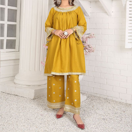 2 Piece Kurti Salwar Embroidery Set - Pure Cotton Collection Stylish Solid Color Light Weight Cotton Fabric Suit Top Bottom Salwar Kameez Indian Pakistani Embroidered Suit For Event Party Outdoor Dress - Golden - Shop N Save