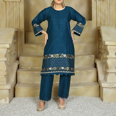 2 Piece Kurti Salwar Embroidery Set - Pure Cotton Collection Stylish Solid Color Light Weight Cotton Fabric Suit Top Bottom Salwar Kameez Indian Pakistani Embroidered Suit For Event Party Outdoor Dress - Dark Blue - Shop N Save