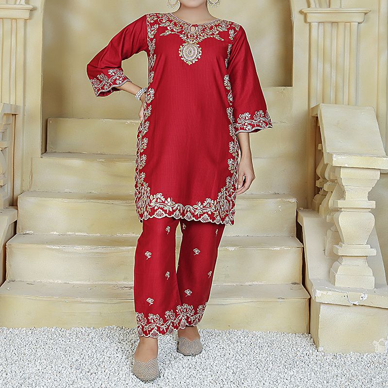 2 Piece Kurti Salwar Embroidery Set - Pure Cotton Collection Stylish Solid Color Light Weight Cotton Fabric Suit Top Bottom Salwar Kameez Indian Pakistani Embroidered Suit For Event Party Outdoor Dress - Maroon - Shop N Save